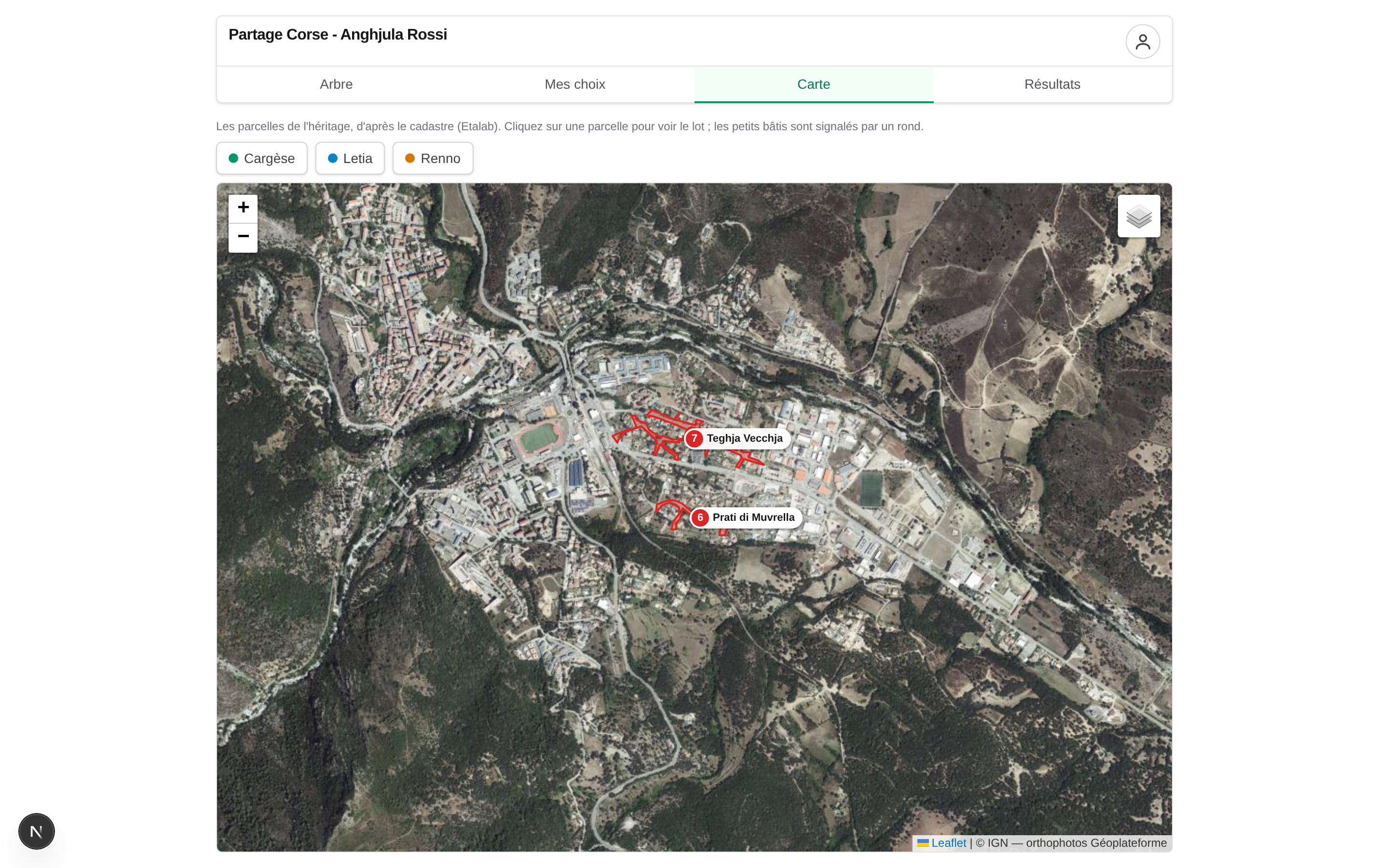 Cartographie interactive des parcelles sur fond cadastral, avec filtres par commune.